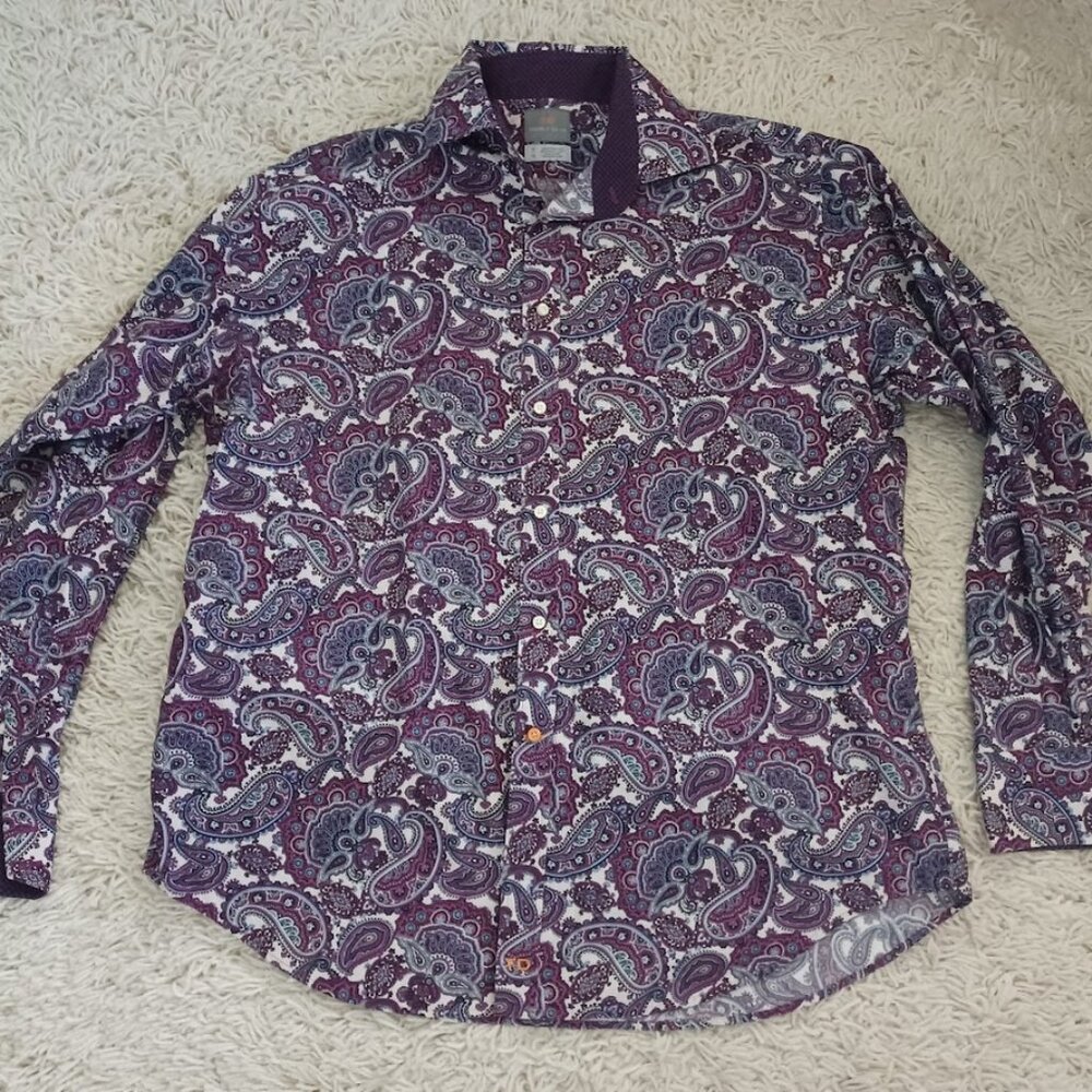 Thomas Dean Shirt Mens XL Purple Paisley Button Up Long Sleeve Cotton Casual